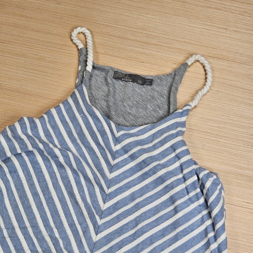 Prana Seacoast Mini Dress Organic Cotton Women XS Blue Striped Rope Strap Beachy